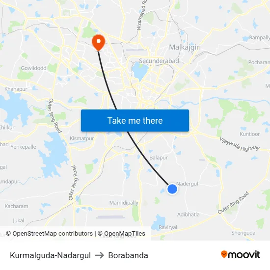 Kurmalguda-Nadargul to Borabanda map