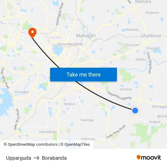 Upparguda to Borabanda map