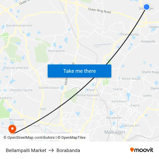 Bellampalli Market to Borabanda map