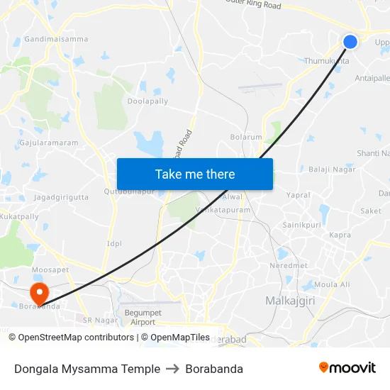 Dongala Mysamma Temple to Borabanda map