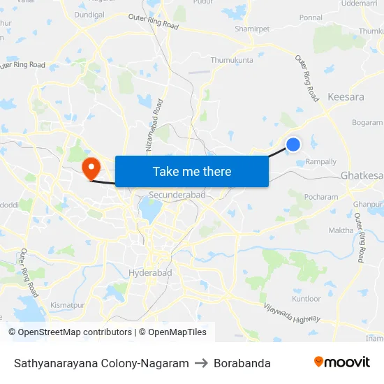 Sathyanarayana Colony-Nagaram to Borabanda map