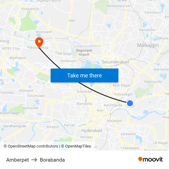 Amberpet to Borabanda map