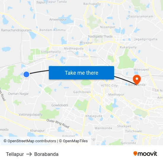 Tellapur to Borabanda map