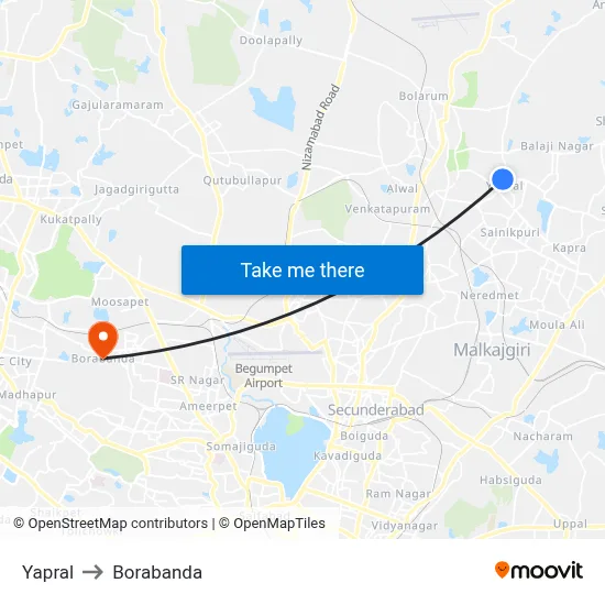 Yapral to Borabanda map
