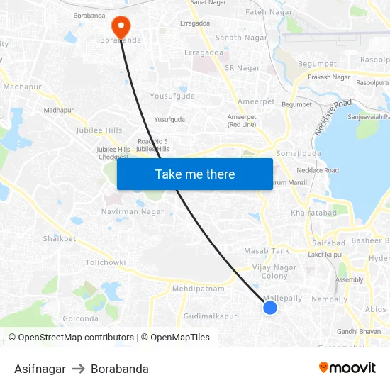 Asifnagar to Borabanda map