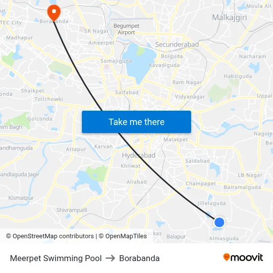 Meerpet Swimming Pool to Borabanda map