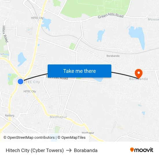Hitech City (Cyber Towers) to Borabanda map