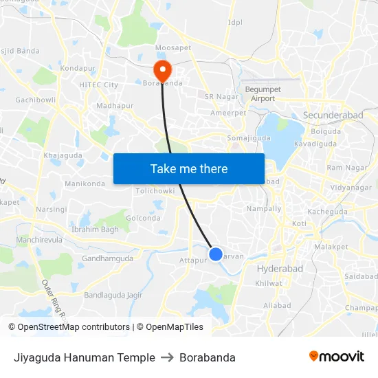 Jiyaguda Hanuman Temple to Borabanda map