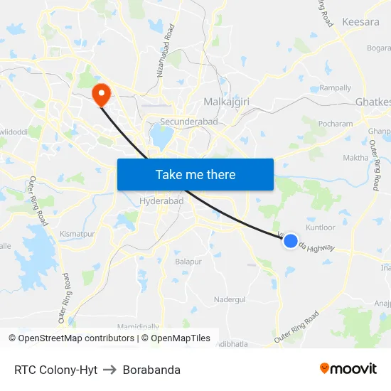 RTC Colony-Hyt to Borabanda map