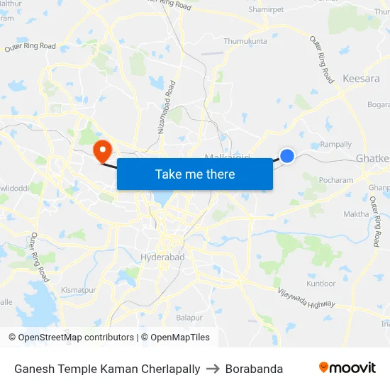 Ganesh Temple Kaman Cherlapally to Borabanda map