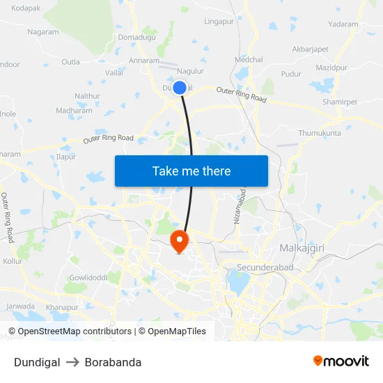 Dundigal to Borabanda map
