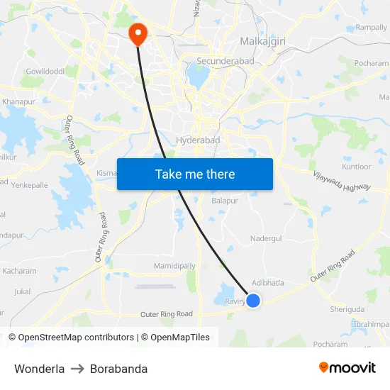 Wonderla to Borabanda map