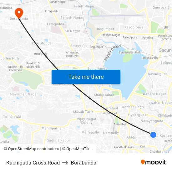 Kachiguda Cross Road to Borabanda map