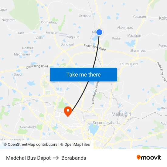 Medchal Bus Depot to Borabanda map
