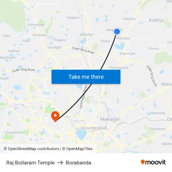 Raj Bollaram Temple to Borabanda map