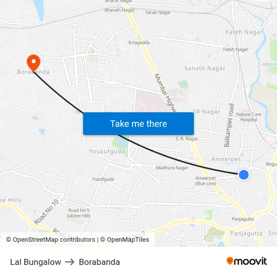 Lal Bungalow to Borabanda map