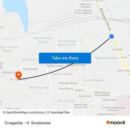 Erragadda to Borabanda map