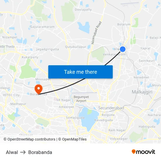 Alwal to Borabanda map