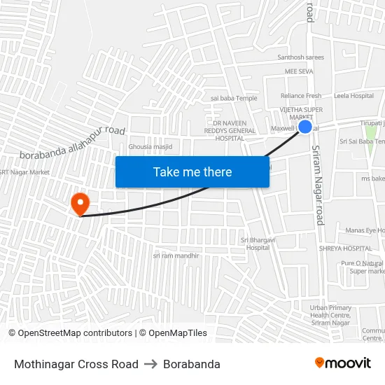 Mothinagar Cross Road to Borabanda map