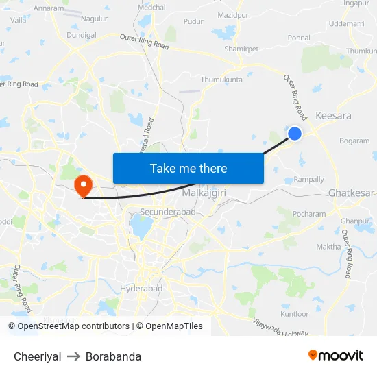Cheeriyal to Borabanda map
