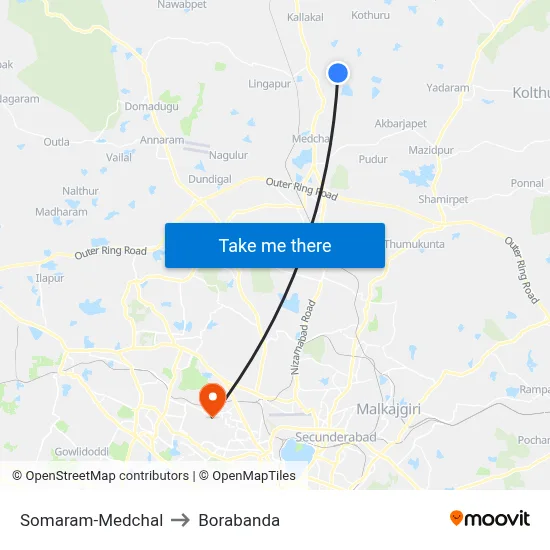 Somaram-Medchal to Borabanda map