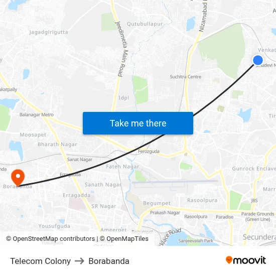 Telecom Colony to Borabanda map
