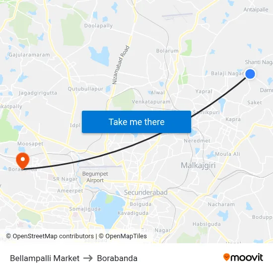 Bellampalli Market to Borabanda map