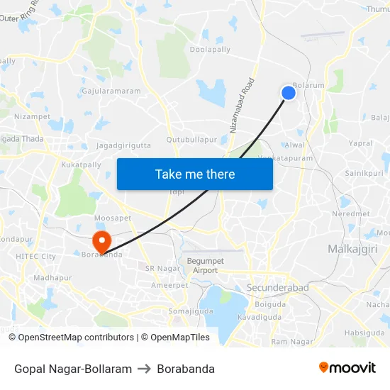 Gopal Nagar-Bollaram to Borabanda map