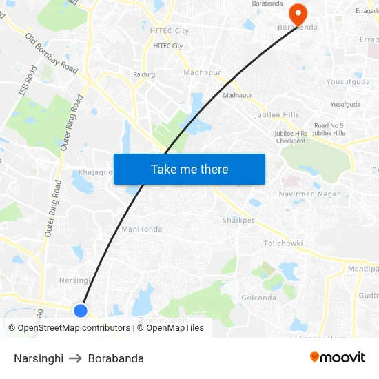 Narsinghi to Borabanda map