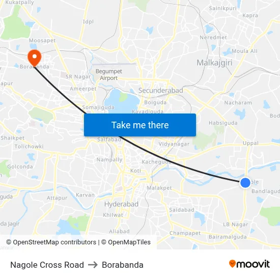 Nagole Cross Road to Borabanda map