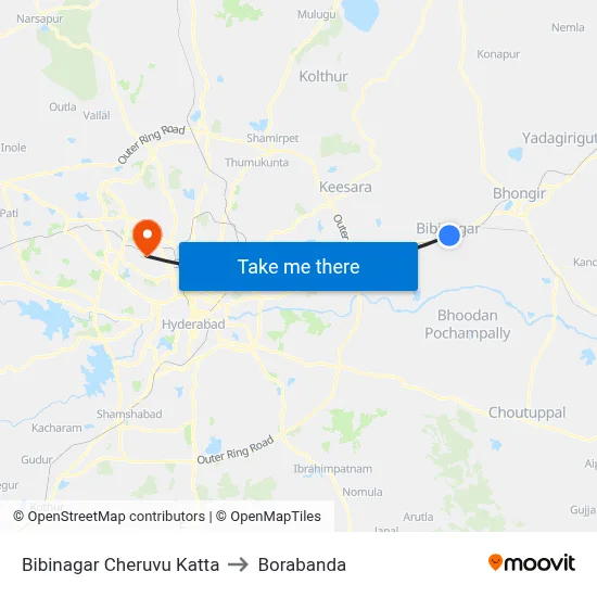Bibinagar Cheruvu Katta to Borabanda map