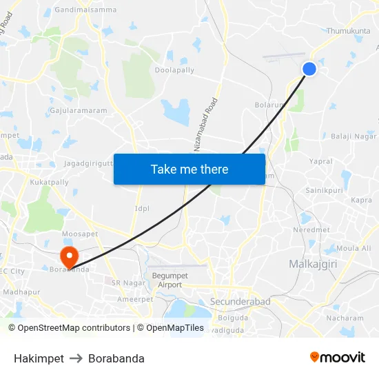 Hakimpet to Borabanda map