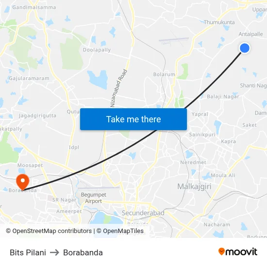 Bits Pilani to Borabanda map