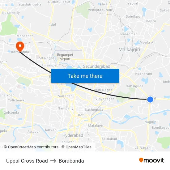 Uppal Cross Road to Borabanda map