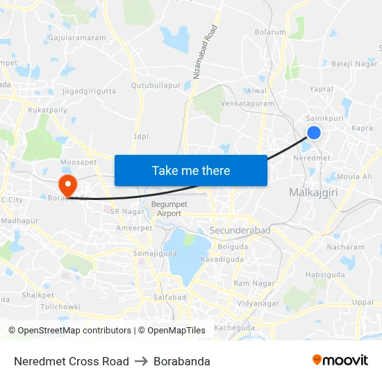 Neredmet Cross Road to Borabanda map