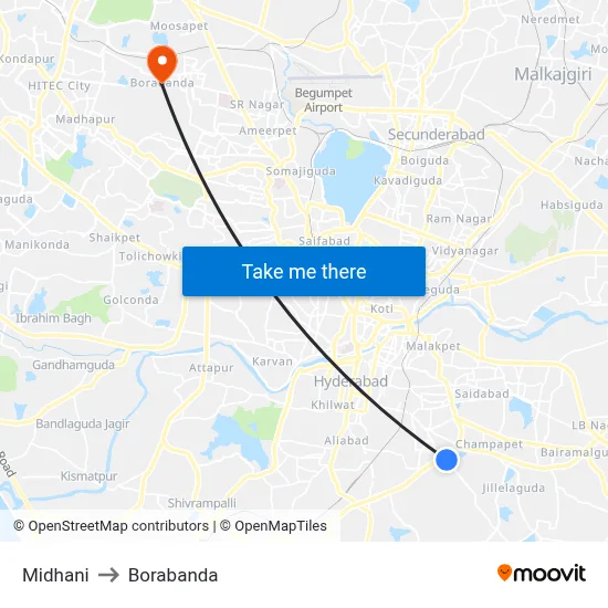 Midhani to Borabanda map