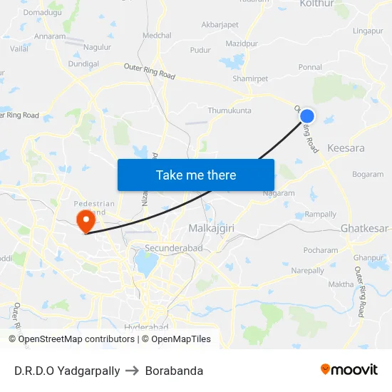 D.R.D.O Yadgarpally to Borabanda map