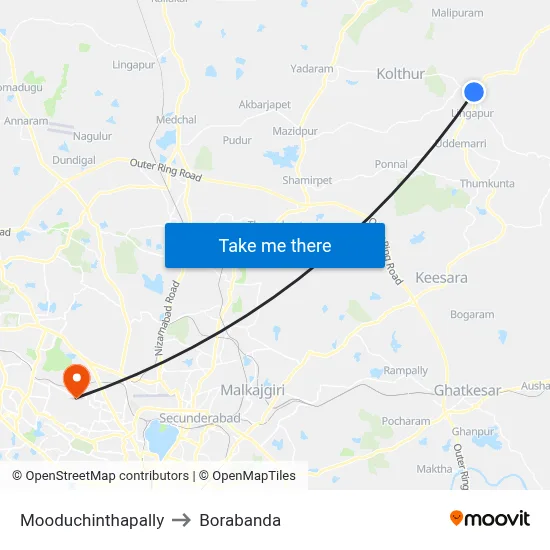 Mooduchinthapally to Borabanda map