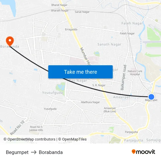 Begumpet to Borabanda map