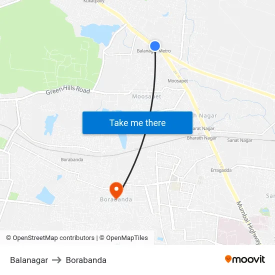 Balanagar to Borabanda map