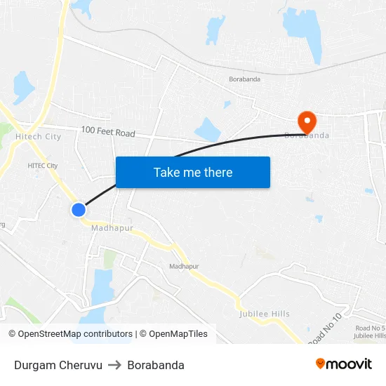 Durgam Cheruvu to Borabanda map