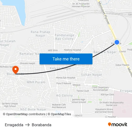 Erragadda to Borabanda map