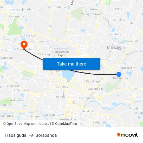 Habsiguda to Borabanda map