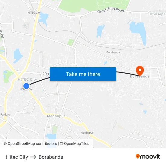 Hitec City to Borabanda map