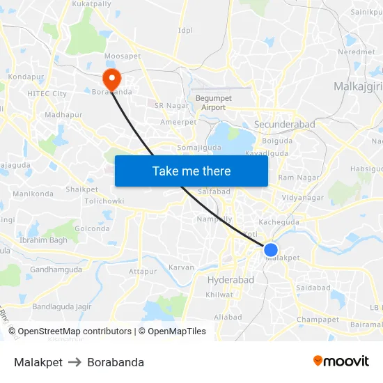 Malakpet to Borabanda map