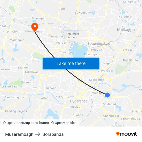 Musarambagh to Borabanda map