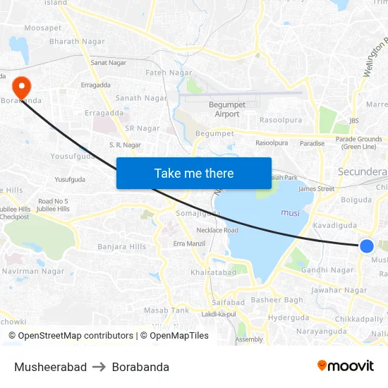 Musheerabad to Borabanda map