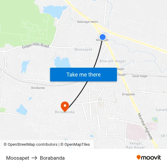 Moosapet to Borabanda map