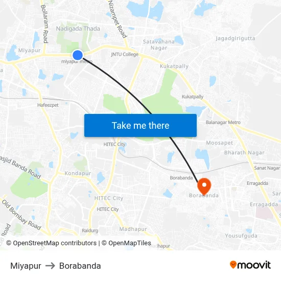 Miyapur to Borabanda map