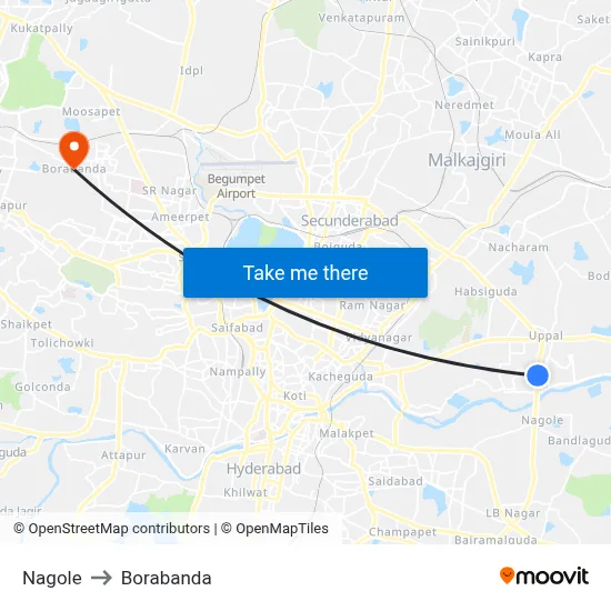 Nagole to Borabanda map